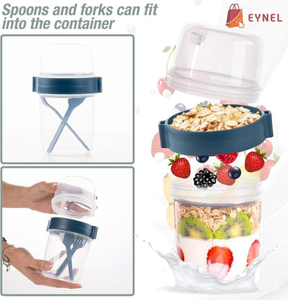4 Pack Breakfast 22 oz On The Go Cups with Lids and Spoon, Reusable Cereal Yogurt Cup with Topping Plastic Overnight Oats Container for Granola Oatmeal (22 oz - 4 Pack)