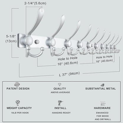 Dseap MaxStrong 2.0 Coat Rack Wall - 37” Long 10 Tri Hooks - Ultra Heavy-Duty Stainless Steel Wall Mount Coat Hanger, Hook Rail for Clothes Hats Jacket Towels Silver, Pack of 2