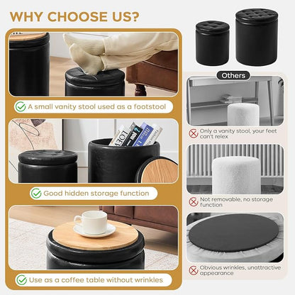 oakvivo Round Ottoman with Storage Set of 2, 12.6" W x 14.17" H & 14.76" W x 17.32" H Faux Footstool Storage Ottomans for Bedroom, Living Room Padded Coffee Table Ottomen, Black