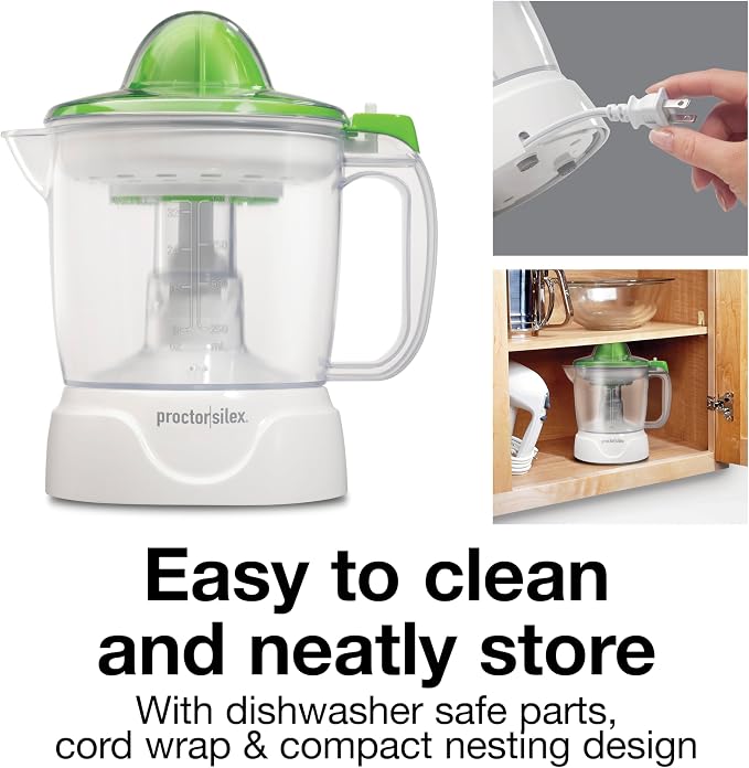 Proctor Silex Electric Citrus Juicer Machine, Large 34 oz. Pitcher, Pressure Activated, 2 Reamers for Big and Small Fruit, Pulp Control, for Orange, Lemon, Grapefruit Juice, White & Green (66340)