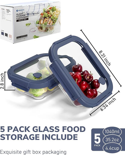 5-Pack Borosilicate Glass Containers with Tempered Lids, 35.2oz/4.4 Cup Airtight Meal Prep Set, Microwave/Freezer Safe (Blue)