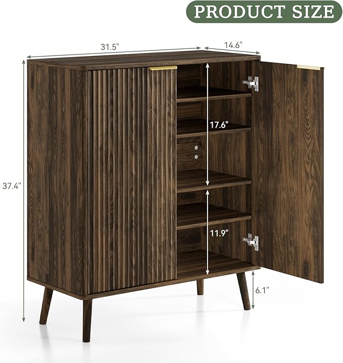 Fluted Shoe Cabinet with Doors,5-Tier Freestanding Shoe Storage Cabinet with Adjustable Shelves, Wooden Shoe Rack Organizer with Solid Legs for Entryway,Hallway,Walnut