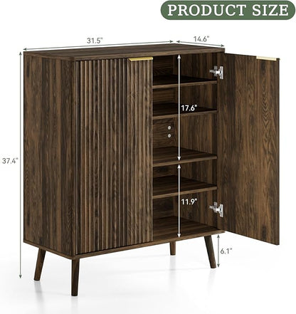 Fluted Shoe Cabinet with Doors,5-Tier Freestanding Shoe Storage Cabinet with Adjustable Shelves, Wooden Shoe Rack Organizer with Solid Legs for Entryway,Hallway,Walnut
