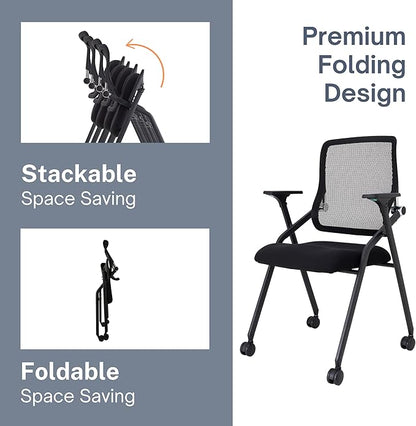 Updated Conference Room Chairs, Folding Office Desk Chair with Lumbar Support and Sliding Armrest with Casters, Stackable Office Guest Chairs & Reception Chairs, 1 Pack Black