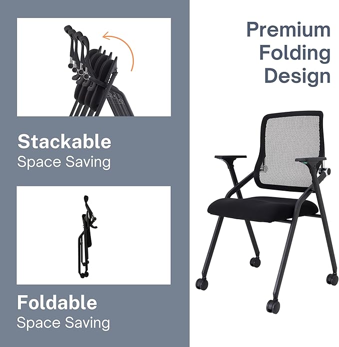 Updated Conference Room Chairs, Folding Office Desk Chair with Lumbar Support and Sliding Armrest with Casters, Stackable Office Guest Chairs & Reception Chairs, 4 Pack Black