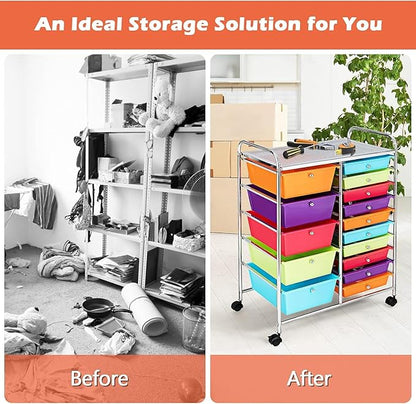 LDAILY 15 Drawer Rolling Storage Cart, Rolling Cart with Drawers for Classroom, Art Supply Craft Organizer on Wheel with Metal Frame & Handles for Home Office School