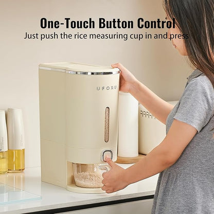 UFORU Rice Dispenser, 22 Lbs Rice Storage Container with Measuring Cup for Kitchen Pantry Household, Cereal Dry Food Storage Containers Airtight, Sealed Moisture Proof, Cream White