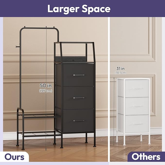 SWTYMIKI Dresser with Hanging Rack - 3 Fabric Drawers Kids Dresser for Bedroom - Reversible Tall Storage Tower, Small Space Clothes Storage Organizer Cabinet for Apartment, Dorm 49.21''H, Black