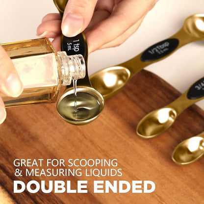 ChefAide Pack of 8 Stainless Steel Magnetic Measuring Spoons Set, Dual Sided, Stackable, Adjustable Teaspoon and Tablespoon Measure Spoon with Leveler, Kitchen Gadgets