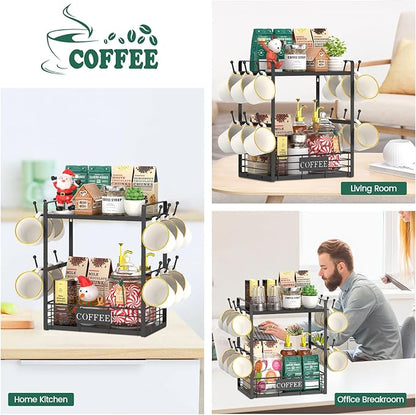 EsLuker.ly Coffee Mug Cup Holder Tree Bar Station Organizer, 2 Tier Mug Stand Rack for Countertop Kitchen, Storage Tower Display Shelf with 12 Hooks, Coffee Nook Enhancer, Black