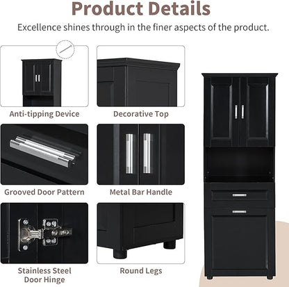70" Tall Bathroom Storage Cabinet with Two Doors and Drawer, Open Space and Laundry Hampers for Home Display Organizer, Removable Laundry Basket, Adjustable Shelf, Black