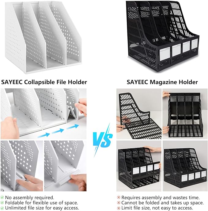 SAYEEC 2Pcs Collapsible Plastic Magazine File Holder Vertical Binder Storage Organizer for Desk Sturdy Upright Desktop Magazine Organizer Folder Rack for Office School Home (3 Compartments, Gray)