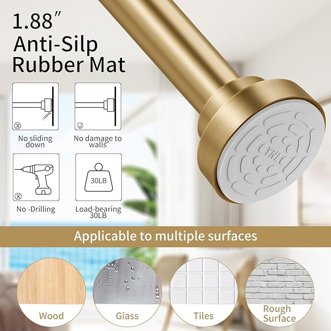 YNL Tension Shower Curtain Rod 34-96 Inches（2.8-8ft) Adjustable Spring Shower Rod No Drilling, Non-Slip, Never Rust, Stainless Steel, Suitable for Bathroom Window Kitchen, Gold