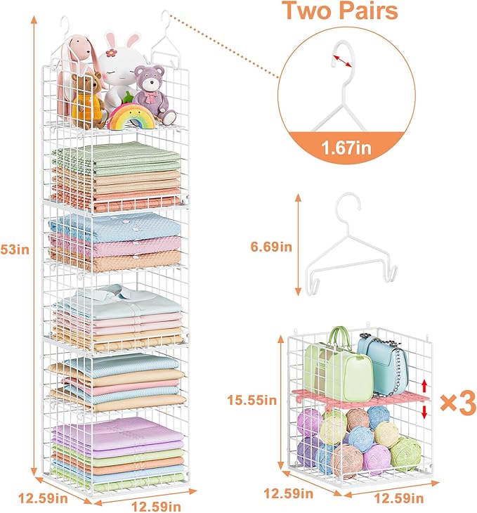 Yuyetuyo 6 Tier Raised-Height Hanging Closet Organizer, Stackable Sweater Organizer for Closet, Wire Storage Basket Bins for Clothes Purse Shoes, Hanging Shelves with 4 Hooks & 3 Dividers Adjustable