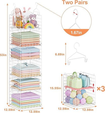 Yuyetuyo 6 Tier Raised-Height Hanging Closet Organizer, Stackable Sweater Organizer for Closet, Wire Storage Basket Bins for Clothes Purse Shoes, Hanging Shelves with 4 Hooks & 3 Dividers Adjustable