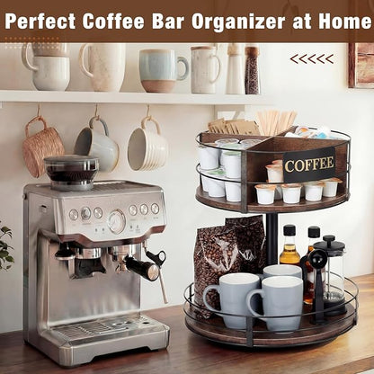 Sieral 360° Rotating Coffee Bar Organizer 2 Tier Coffee Bar Lazy Susan Wood Metal Station Organizer Holder with Convenient Grab-and-go for Countertop Pod Syrup Mug Tea Spice Snack Kitchen Office