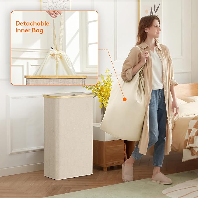 Lifewit 75L Slim Laundry Hamper with Lid, Narrow Laundry Basket with Removable Bag & Bamboo Handles, Fodable Thin Dirty Clothes Hamper for Laundry Collapsible Bin for Bathroom Bedroom Dorm, Beige