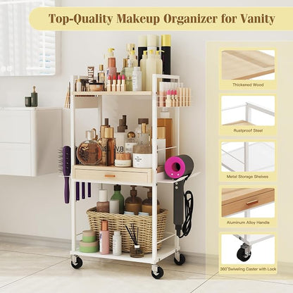 Xubialo 3 Tier Rolling Utility Cart with Wooden Drawer, Stable and Sturdy Made of Multifunctional Storage Organizer Tool for Kitchen, Bathroom, Makeup, Living Room, Baby Essentials, white