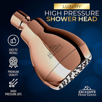 High Pressure Shower Head - Powerful Deluxe Bathroom Showerhead with Strong Spray Stream and Small Silicone Nozzles - Universal Fit Works with High and Low Water Flow Showers 1.8 GPM - Rose Gold