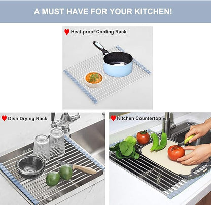 MECHEER Over The Sink Dish Drying Rack, Roll Up Dish Drying Rack Kitchen Dish Rack Stainless Steel Sink Drying Rack, Foldable Dish Drainer, Gray (20.4''x13.7'')