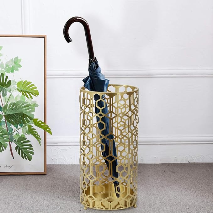 Joveco Metal Umbrella Racks, Gold Round Stand Holder Organizer with Drip Tray, Freestanding Holders for Canes Walking Sticks Entryway Home Office (Gold)