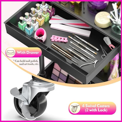 SUNALLY Makeup Cart Organizer with Drawers, Floor Skincare Organizers Vanity Storage Organizer, Rolling Makeup Bathroom Storage Cart Cosmetics Display Cases for Skin Care Perfume Nail Polish, Black