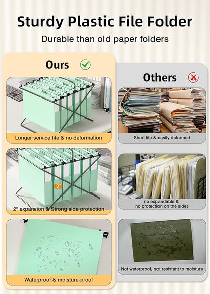 Extra Capacity Plastic Hanging File Folders, Hanging Folders, 12 Pack Reinforced Heavy Duty 2 Inch Expansion, Filing Cabinet Folders Letter Size for Bulk Files/Medical Charts(Sage Green)