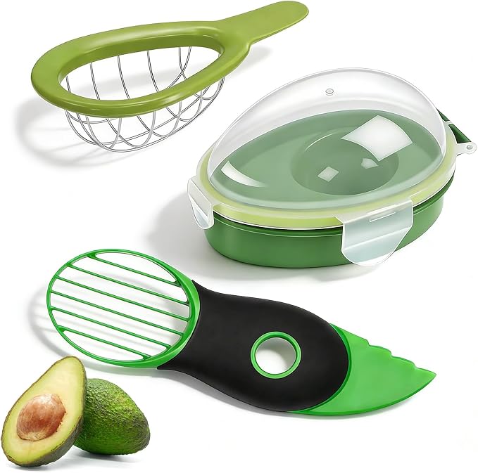 Avocado 3 Piece Set, Includes Avocado Slicer, Cutter and Airtight Storage Container, Dishwasher Safe Tool for Slicing, Dicing and Keeping Avocados Fresh
