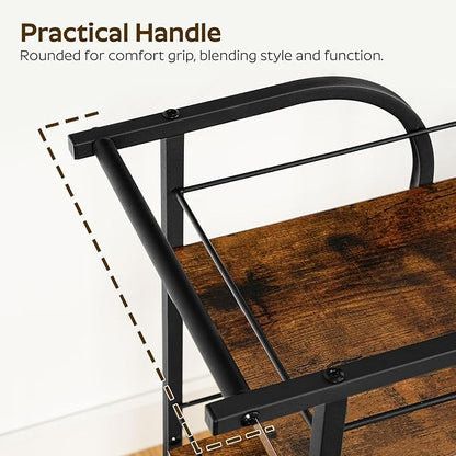 3-Tier Bar Cart, Home Bar Serving Cart with Fence and Wheels, for Dining Room, Living Room, Garden, Party, Rustic Brown and Black BC06BR