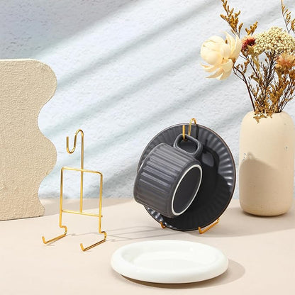 2 Pcs Tea Cup and Saucer Display Stand Metal Saucer Organizer Plate Coffee Mug Hanger Stand Tray Easel Holder Storage Rack for Afternoon Tea Party