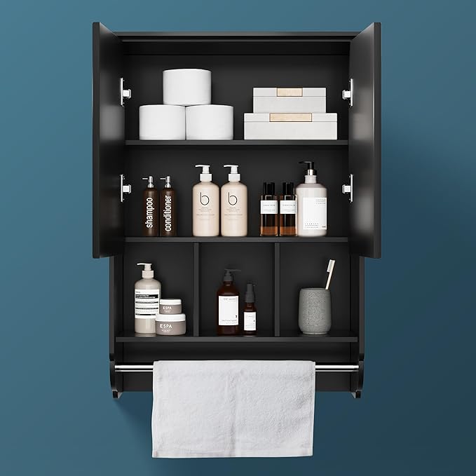 Bathroom Wall Cabinet with Towel Bar,Wooden Medicine Cabinet Adjustable Shelves,23x32 Inch Kitchen Cabinet,Over Toilet Storage Cabinet for Bathroom,Kitchen,Laundry