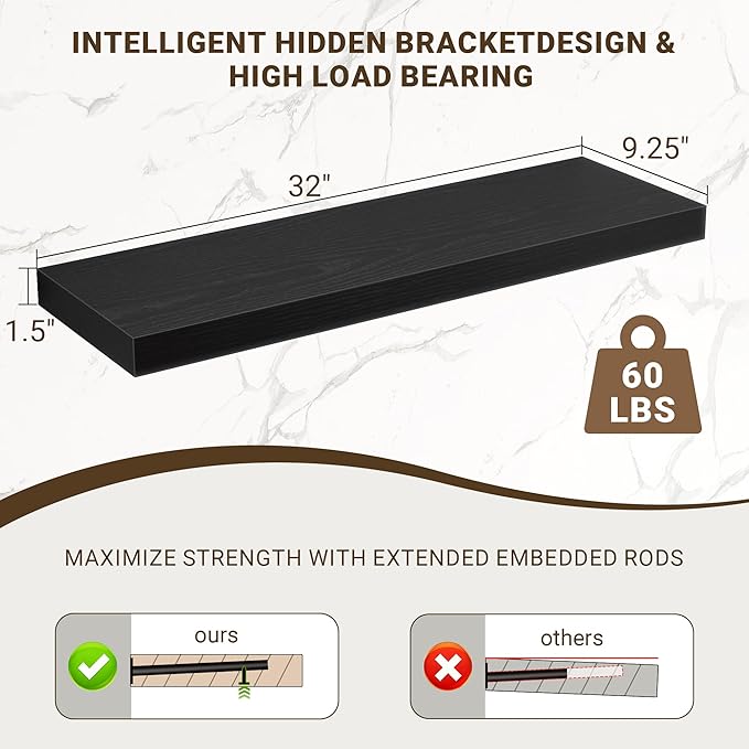 Acovy 32 Inch Floating Shelves, 3D Textured Wood Grain, 32"x9.25"x1.5" Inch Deep Floating Shelves for Wall, Wooden Shelves for Bathroom, Bedroom, Living Room, Black, 2 Pieces