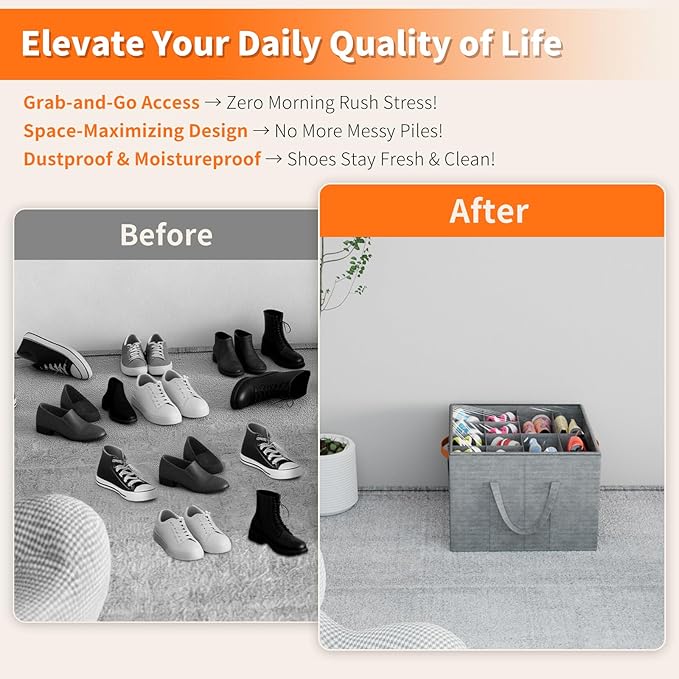 Aokeyee Shoe Organizer for Closet, 2 Pack Foldable Shoe Storage Organizer Box w/Clear Cover and 4 Reinforced Handles, Space Saving Shoes Bin Fits up to 16-32 Pairs, Grey