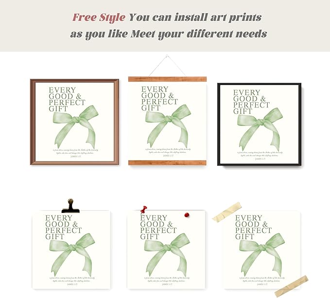 LARTSFRO Coquette Sage Green Bow Wall Art Decor Posters, Sage Green Bow Room Bedroom Bathroom Wall Art Decor Aesthetic for Teen Girls Gifts, Inspirational Bible Verses Bow Wall Decor, 10x10 Inch Set of 4 Bow Pictures Unframed