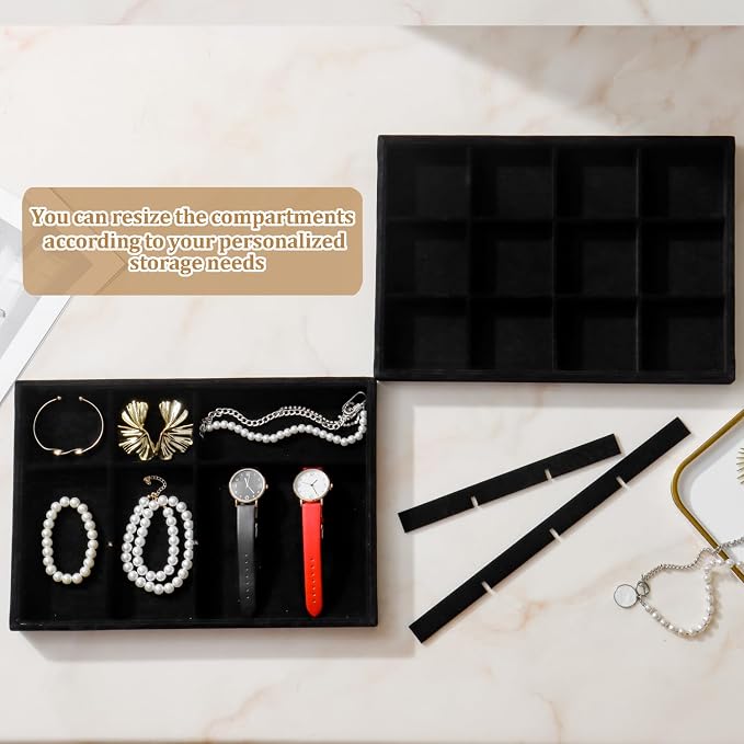 Large Velvet Jewelry Tray 2 Pack Stackable Jewelry Display Drawer Inserts Trays Organizer for Earring Bracelet Necklace Ring (Black, 12 Grids)