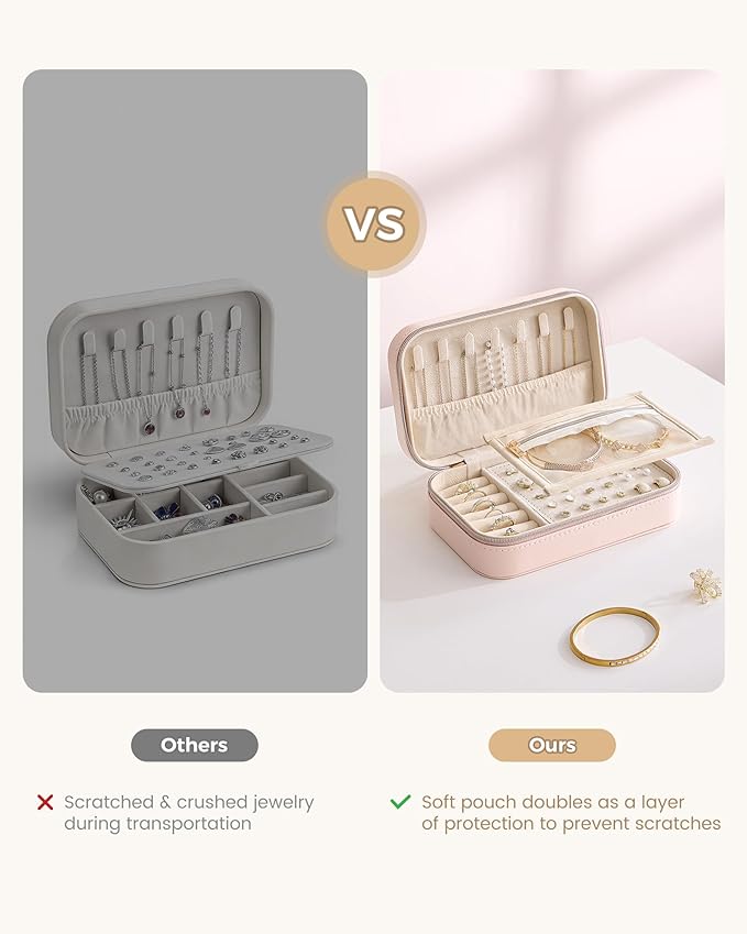 Lolalet Travel Jewelry Case for Women Girls, Travel Jewelry Organizer with Clear Storage Bag Small Portable Jewelry Box for Necklace Bracelet Earring Ring Valentines Bridesmaid Gifts -Medium/Pink