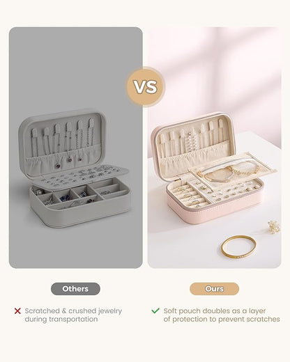 Lolalet Travel Jewelry Case for Women Girls, Travel Jewelry Organizer with Clear Storage Bag Small Portable Jewelry Box for Necklace Bracelet Earring Ring Valentines Bridesmaid Gifts -Medium/Pink