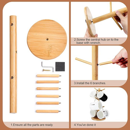 Bamboo Mug Tree Holder, Upgraded Screw Type 6 Hooks Coffee Mug Holders, Decorative Mug Racks for Counter, Non-Slip Coffee Mug Cup Trees