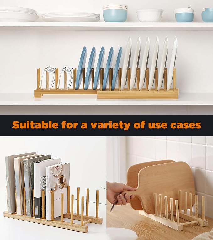 Dish Rack, Flexible Bamboo Dish Drying Rack Pot Lid Plate Stand Holder Adjustable Vertical Organizer Storage for Kitchen Cabinet Dish, Pot Lid, Bowl, Cup