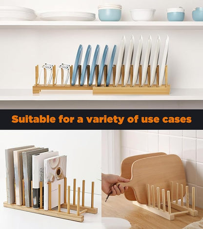 Bamboo Dish Drying Rack Set of 2, Adjustable Plate Organizer for Cabinet, Space-Saving for Plates, Bowls, Cups, Pot Lids & Cutting Boards, Vertical Bamboo Plate Holder Rack Dish Organizer