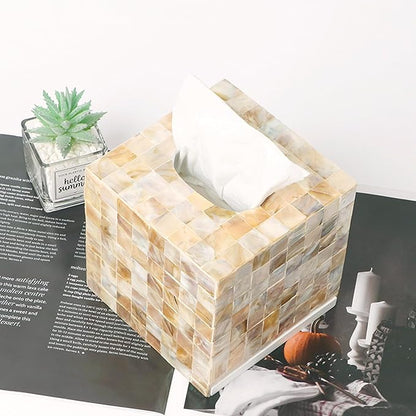i-lan Mother of Pearl Tissue Holder,Sea Pearl Shell Decorative Square Tissue Cover Box for Bathroom,Mother of Pearl Napkin Box,MOP Tissue Cover Cube Box(champagne gold)