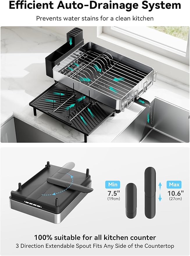 SUNLY Large Dish Drying Rack, Expandable Dish Racks for Kitchen Counter, Space Saving 304 Stainless Steel Drying Rack Kitchen, Extra Large Drainer with Multifunctional Flip Up Pegs, Black