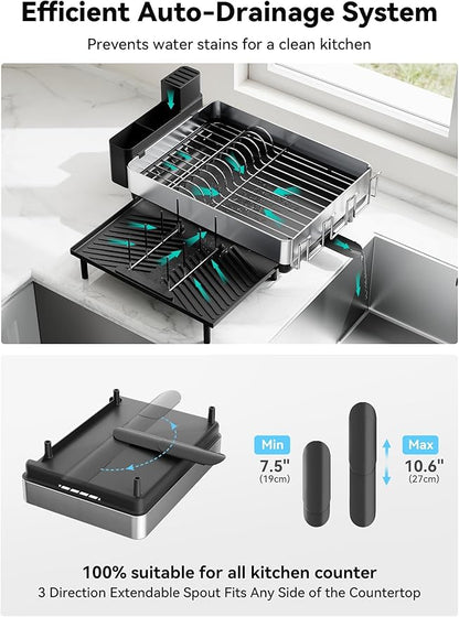 SUNLY Large Dish Drying Rack, Expandable Dish Racks for Kitchen Counter, Space Saving 304 Stainless Steel Drying Rack Kitchen, Extra Large Drainer with Multifunctional Flip Up Pegs, Black