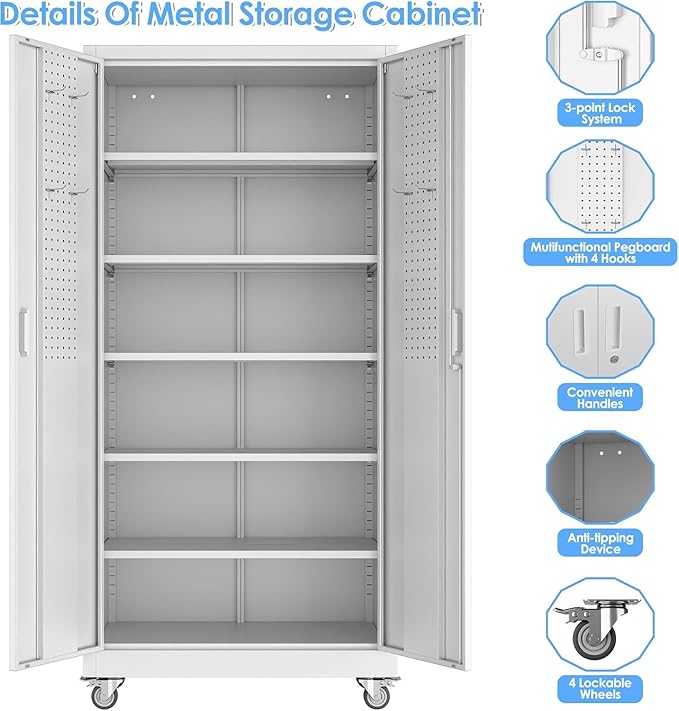 Garage Storage Cabinet with Wheels and Pegboard, Metal Storage Cabinet with 5 Adjustable Shelves for Garage Warehouse Office Utility Room,Required Assembly,71" H×34" W×18" D,White