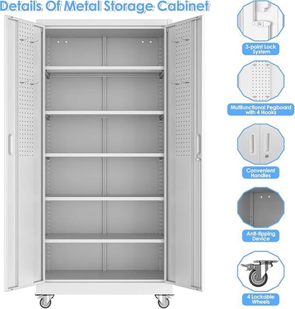 Garage Storage Cabinet with Wheels and Pegboard, Metal Storage Cabinet with 5 Adjustable Shelves for Garage Warehouse Office Utility Room,Required Assembly,71" H×34" W×18" D,White