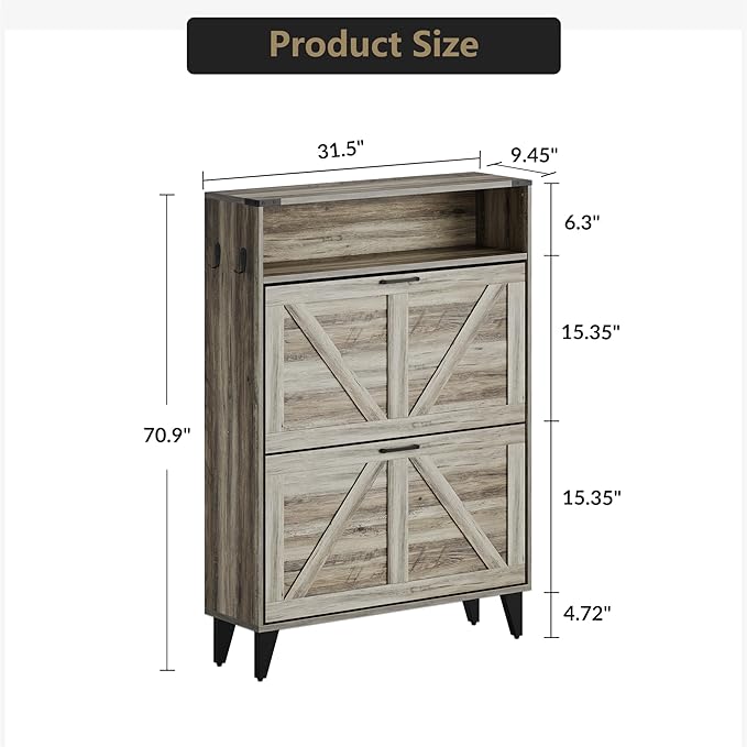 Shoe Cabinet with 2 Flip Drawers, Shoe Storage Cabinet for Entryway, Freestanding Shoe Cabinet Organizer with Open Storage, Free Standing Shoe Rack Cabinet Corner, Retro Gray