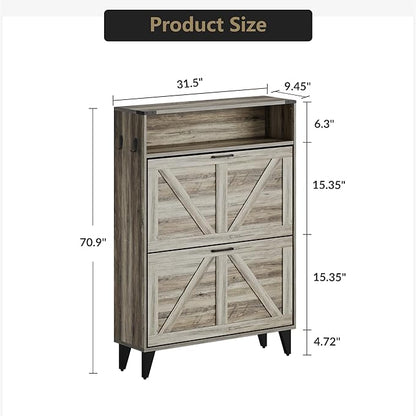 Shoe Cabinet with 2 Flip Drawers, Shoe Storage Cabinet for Entryway, Freestanding Shoe Cabinet Organizer with Open Storage, Free Standing Shoe Rack Cabinet Corner, Retro Gray