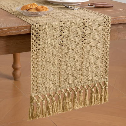 Socomi Boho Table Runner Valentine's Day Farmhouse Rustic Dining Kitchen Centerpiece Decor Small Macrame Woven Cotton Linen Coffee Table Runner for Dresser Scarf Home Decor 12x36 inch Champagne