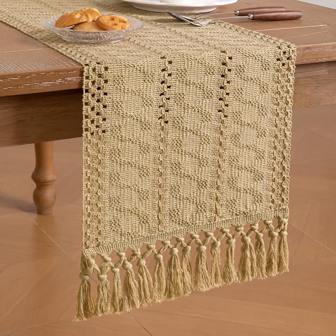 Socomi Boho Table Runner Macrame Long Valentine's Day Farmhouse Woven Cotton Linen Rustic Coffee Table Runner with Tassels for Dresser Scarf Home Decor Dining Room 12x108 inch Champagne