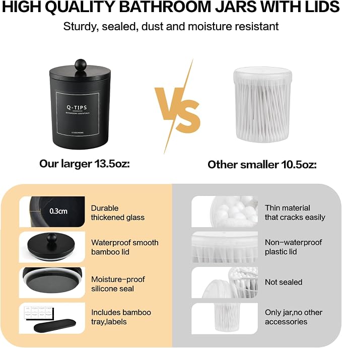 3 Pack Qtip Holder Bathroom Set,Cotton Ball Swab Pad Holder Cotton Round Floss Pick Dispenser with Tray,Glass Apothecary Jars with Lids,Bathroom Organizers and Storage Canisters-Black